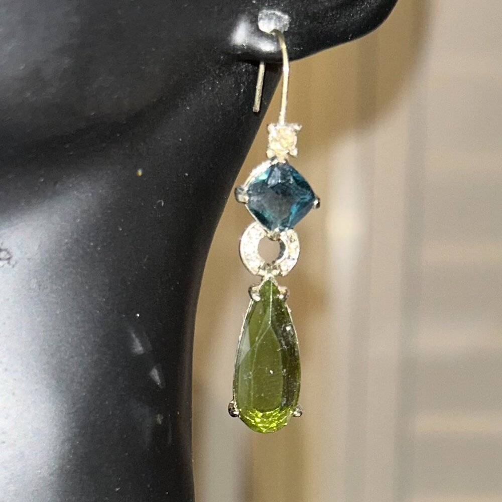 Vintage Monet Dangling Earrings in Green, Silver, and Blue Tones